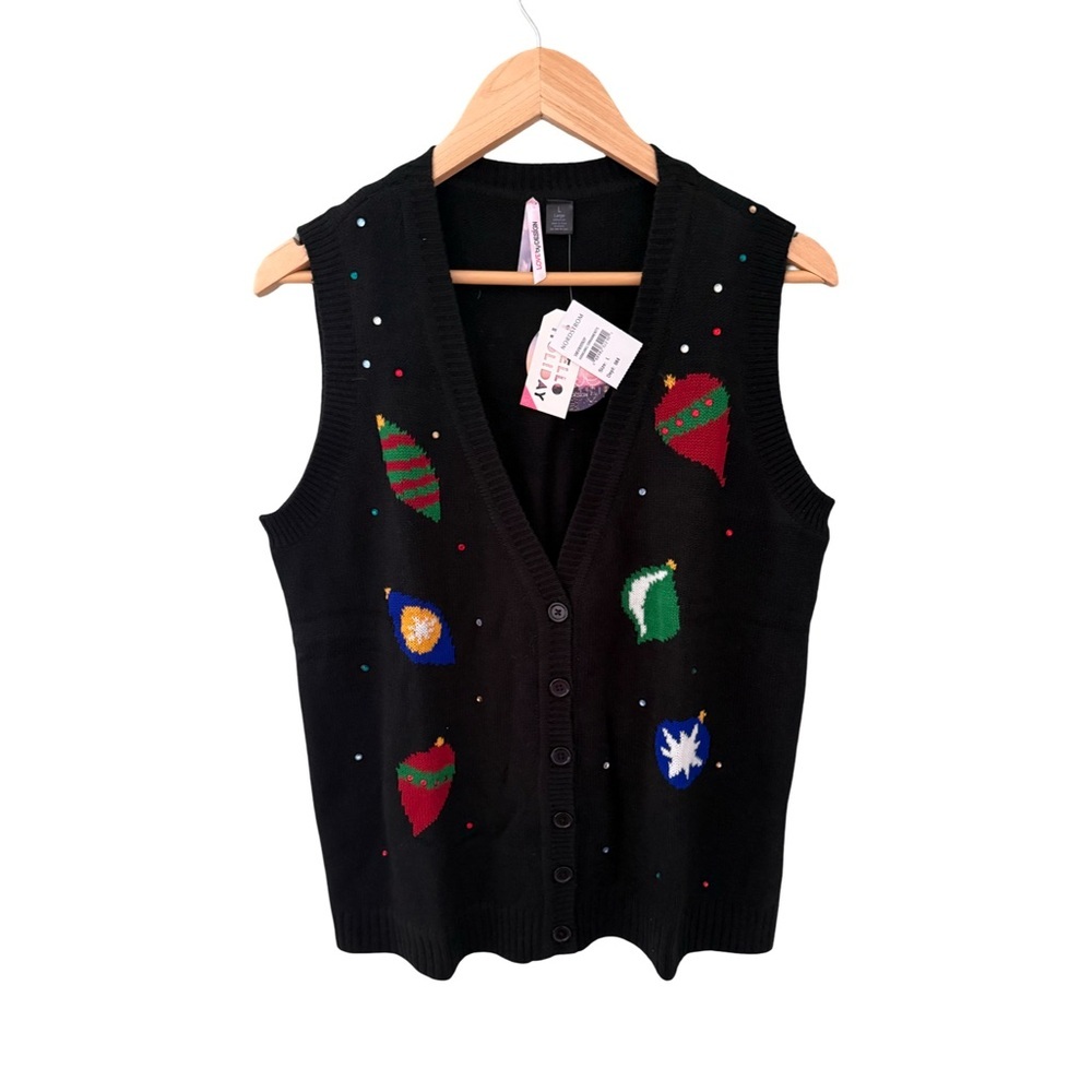 Love By Design Sequin Ornament Christmas Sweater Holiday Vest NWT Size L